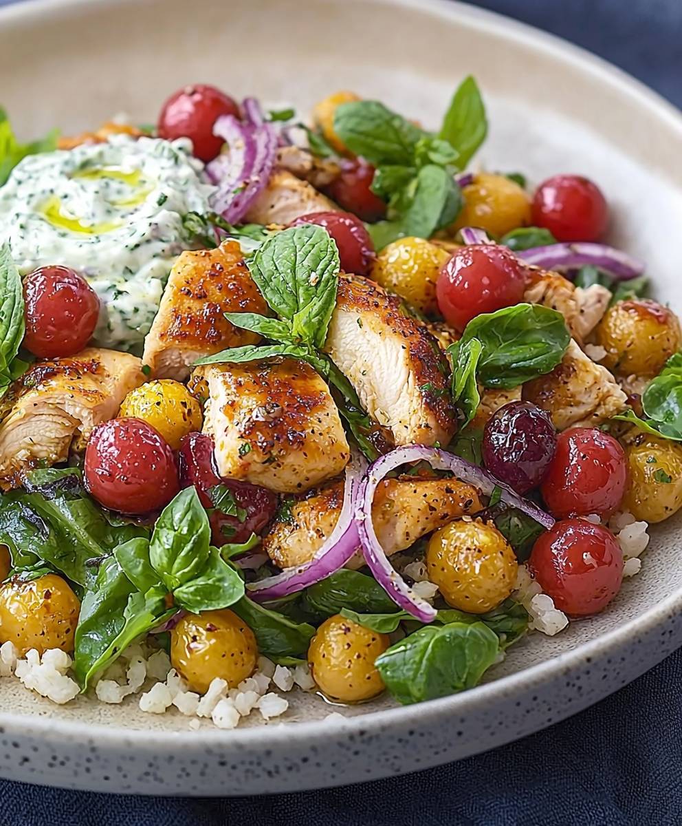 Poulet petits pois tzatziki salad